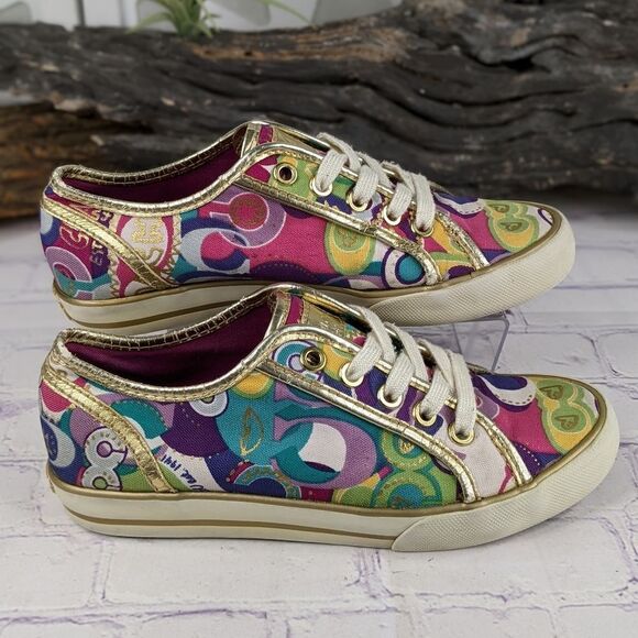 Coach Dee Gold Trim Multicolored Logo Lace Up Sneakers - Picture 3 of 10